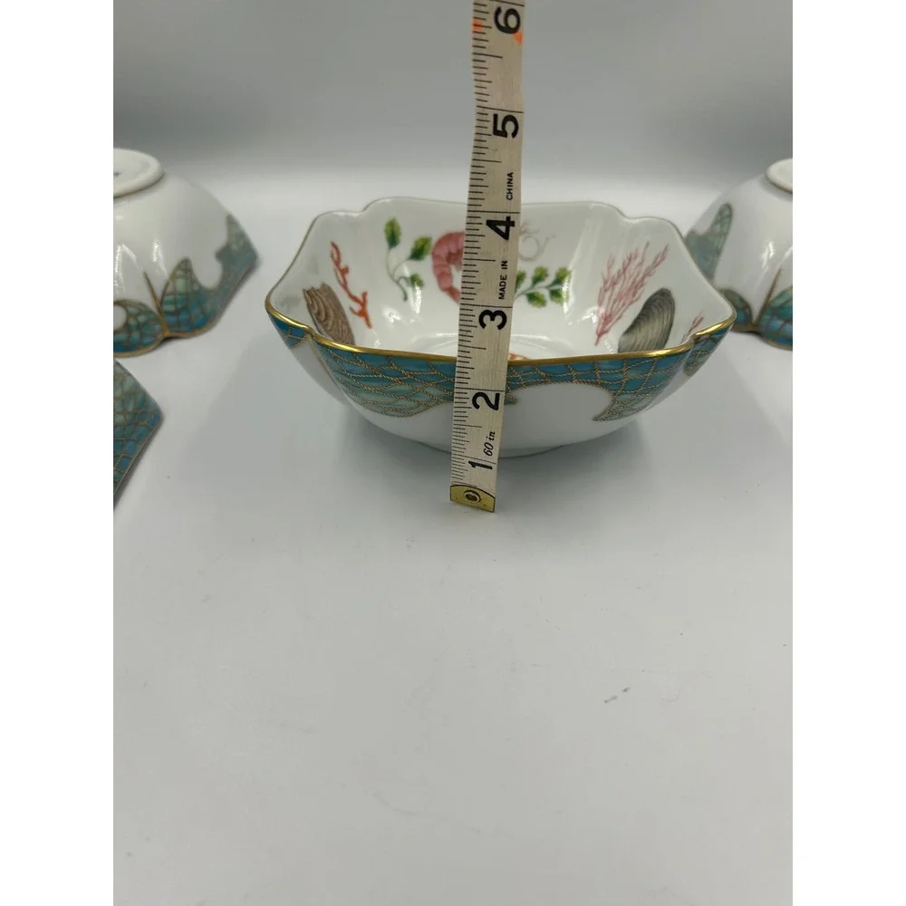 Lynn Chase Saint Tropez Porcelain Bowls 24K Gold Trim Coastal Shells Set of 6